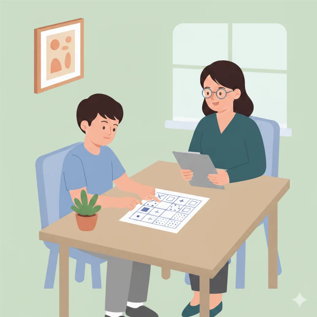 Illustrasjon av barn som utfører en matriseresonneringstest under oversyn av en voksen