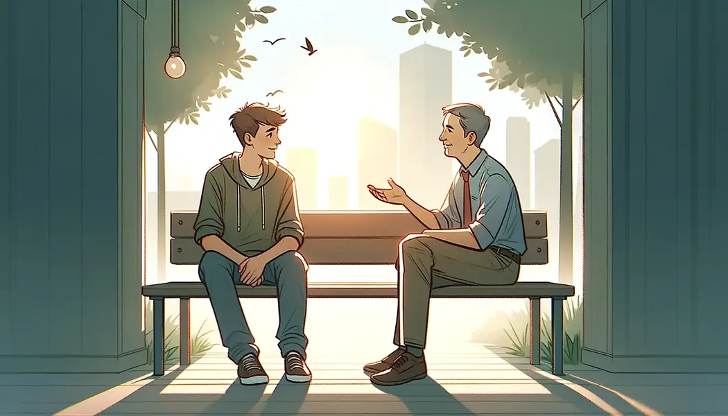 DALL E 2024 02 22 10 37 06 A simpler and more direct illustration showing a teenager sitting on a park bench engaged in a positive conversation with a supportive adult such as