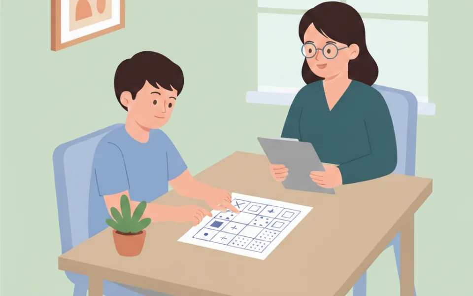 Illustrasjon av barn som utfører en matriseresonneringstest under oversyn av en voksen