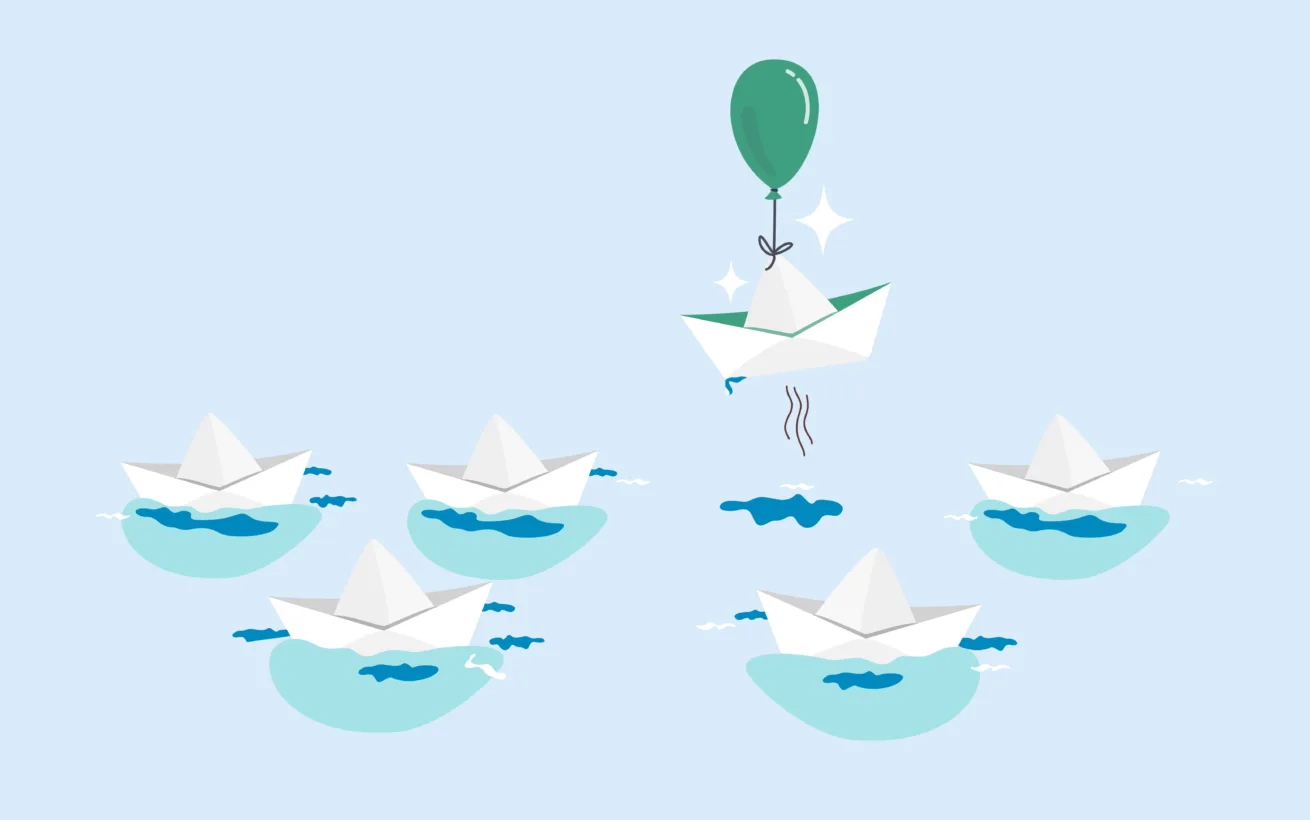 Illustrasjon av papirbåter som seiler på vann og en båt løftes av en ballong